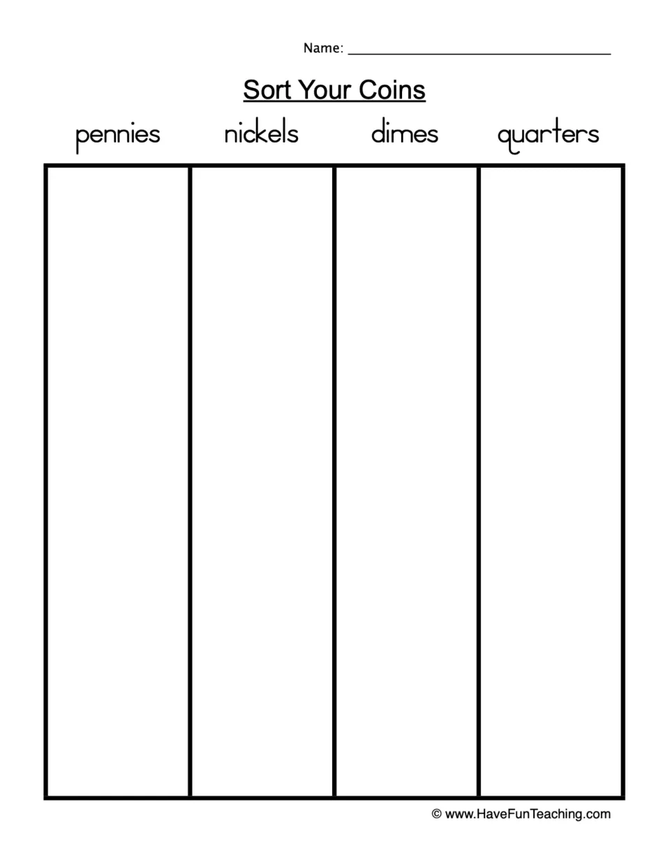Coin identification mat: students glue cut-out coins under the headings pennies, nickels, dimes and quarters