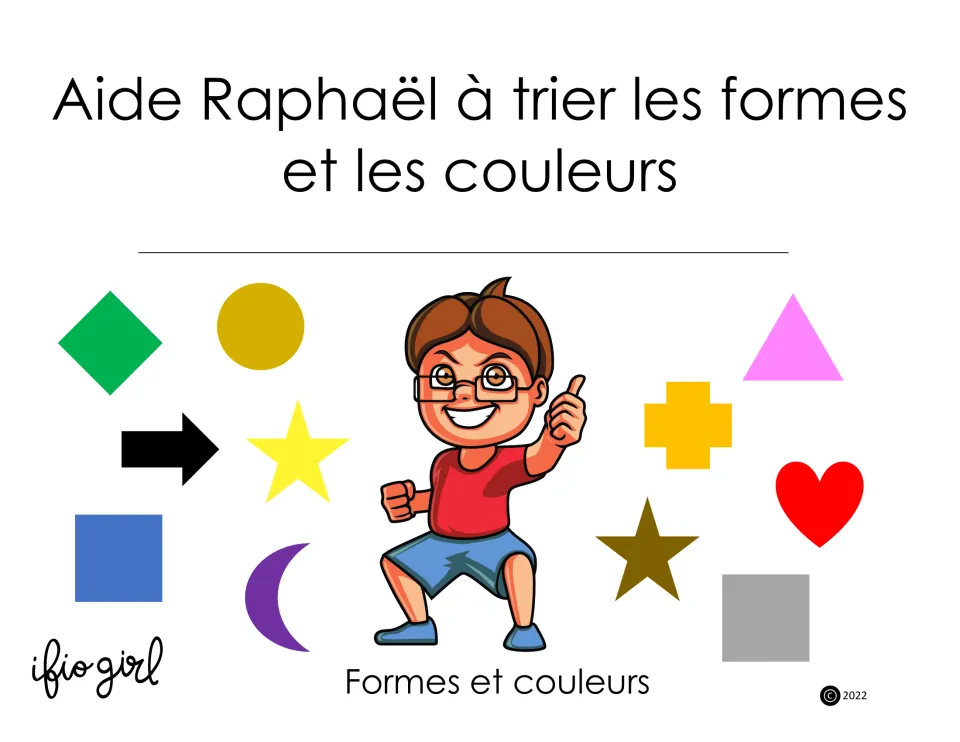 French sorting activity cover: help Raphaël sort shapes and colors, illustrated with colored shapes