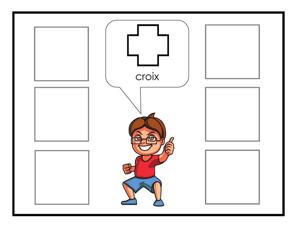 French shape-sorting mat for croix (cross), featuring a cross outline as the shape to match when sorting