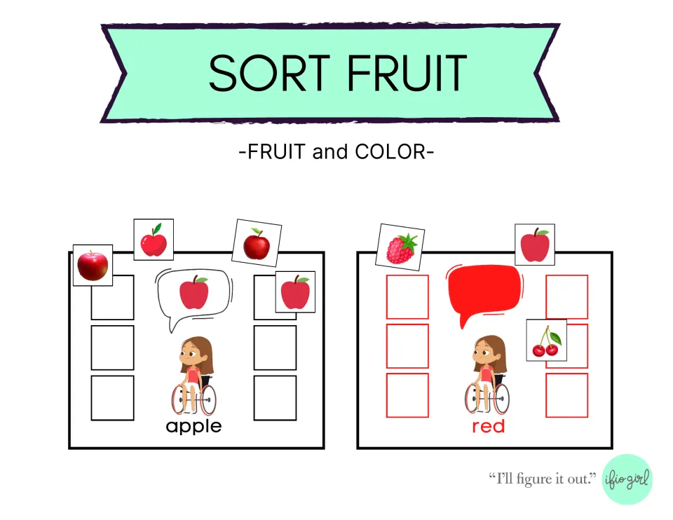Cover titled 'SORT FRUIT' and 'FRUIT and COLOR,' showing examples of sorting fruit by apple type and red color
