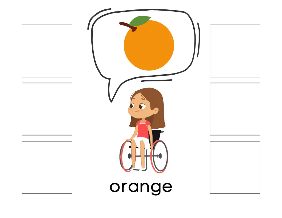 Orange sorting mat labeled 'orange,' with a fruit picture for matching six non-identical orange cards.