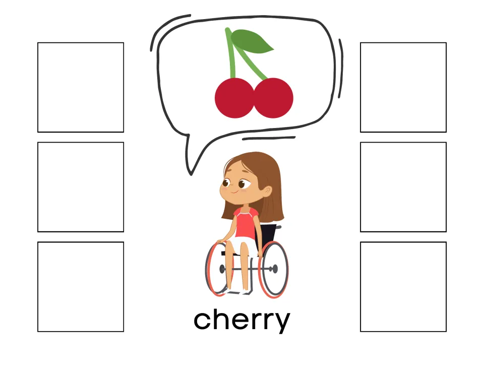 Cherry sorting mat labeled 'cherry,' with a pair of cherries for matching six non-identical cherry cards.