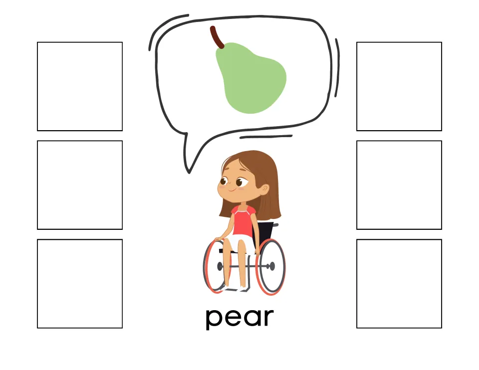 Pear sorting mat labeled 'pear,' with a green pear picture for matching six non-identical pear cards.