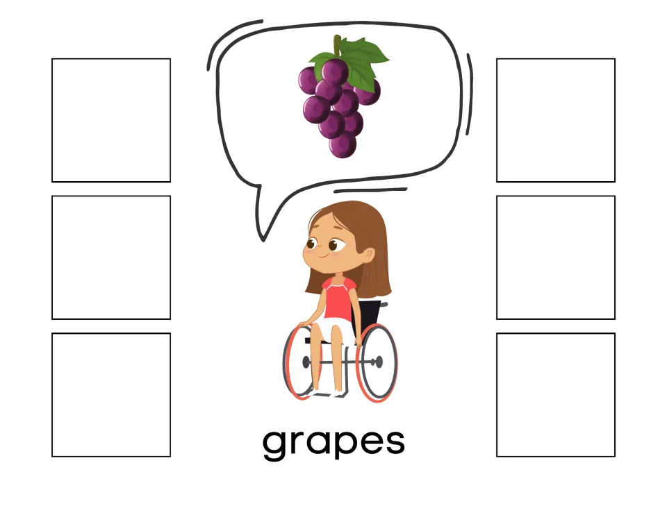 Grape sorting mat labeled 'grapes,' with a bunch of purple grapes for matching six non-identical cards.