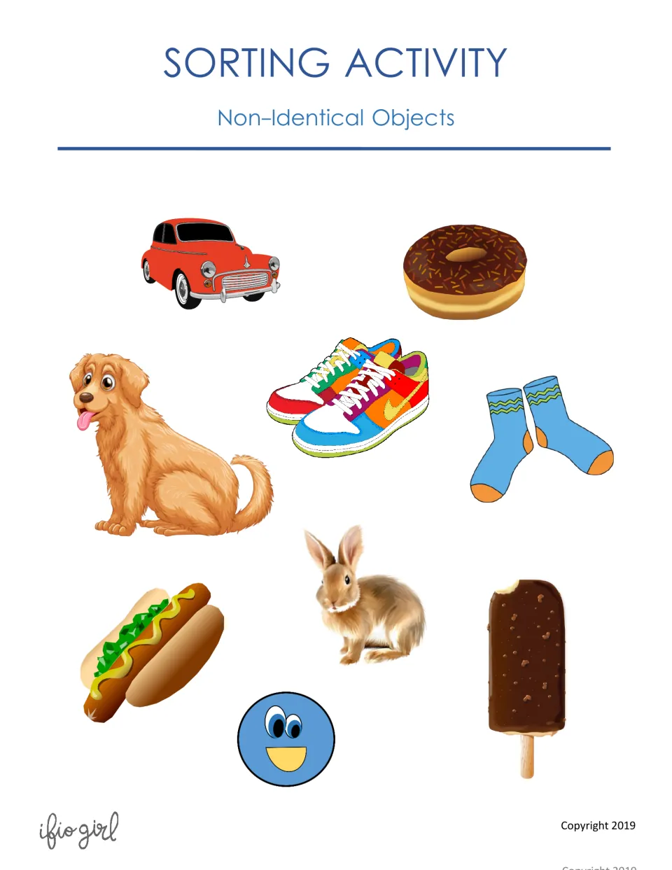 Sorting Activity: Non-Identical Objects cover with a car, donut, dog, sneakers, socks, hot dog, rabbit and ice pop