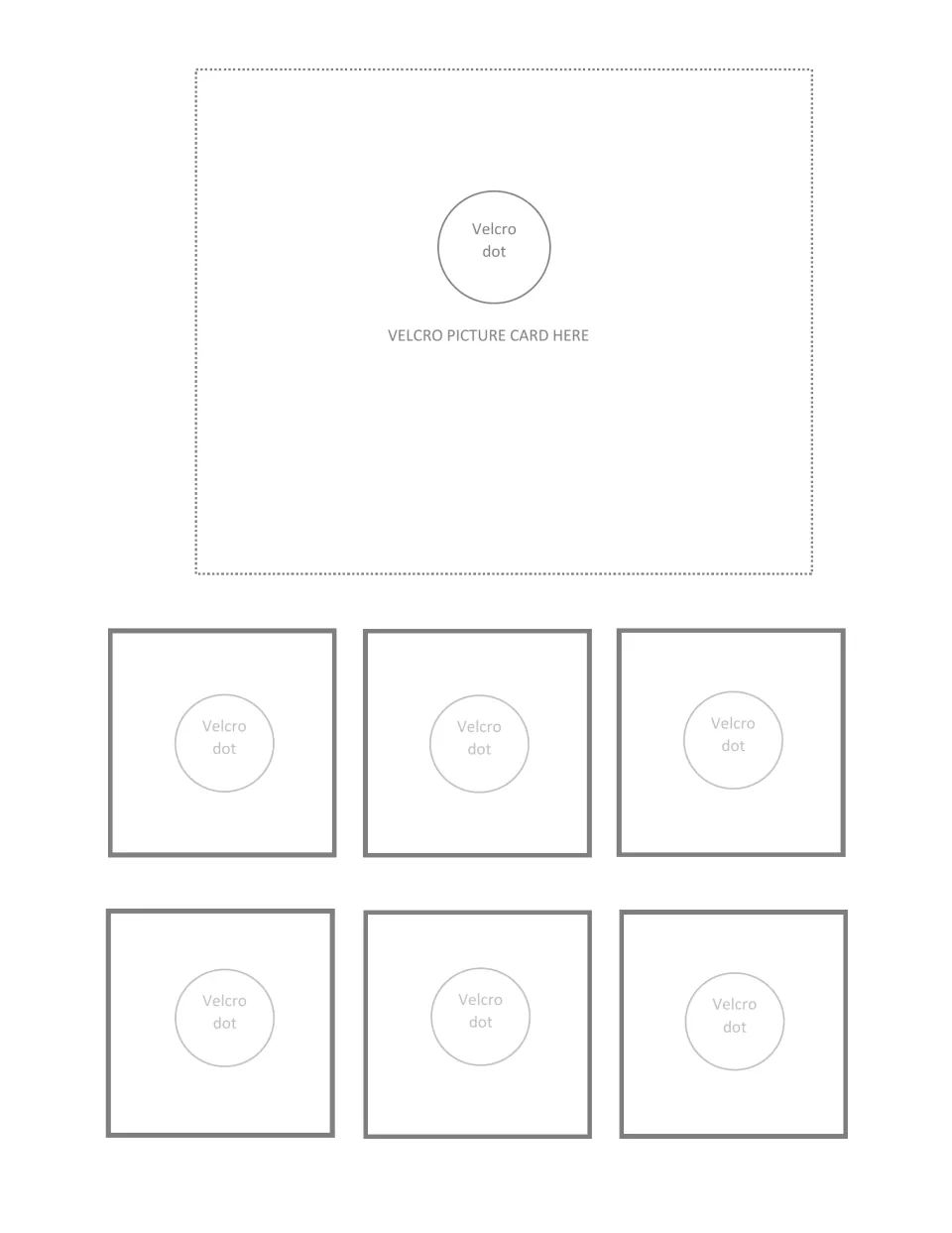 Sorting mat 1 of 9: students place a picture card on the top Velcro dot, then attach six matching object cards below