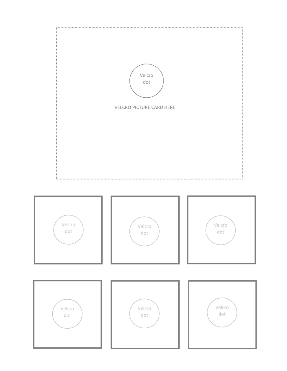 Sorting mat 2 of 9: a target picture card sticks to the top Velcro dot and students sort six related object cards below