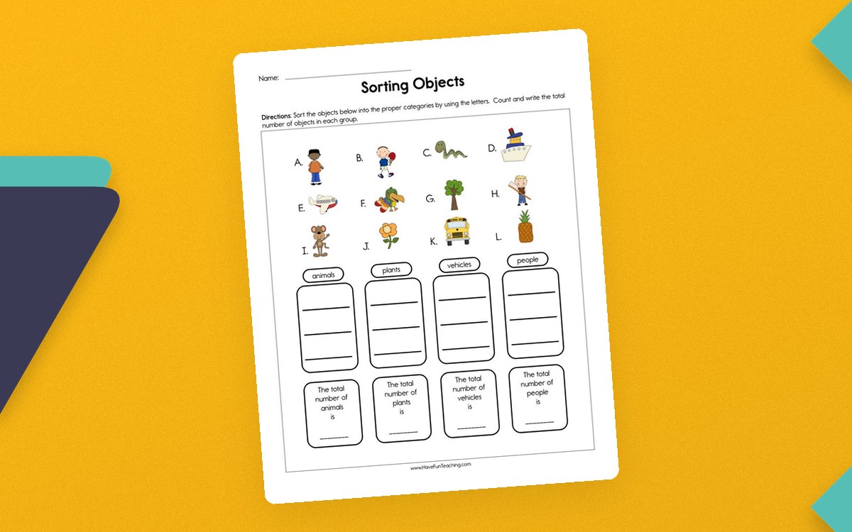 Sorting Objects Worksheet – Group by Category preview: Letter-coded picture sorting page