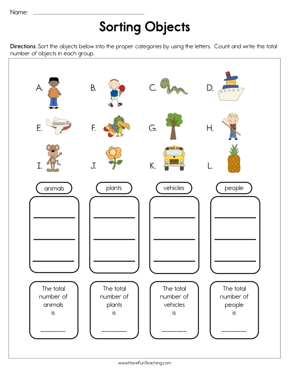 Sorting objects: students write the letters of 12 pictures under animals, plants, vehicles or people, then count each group