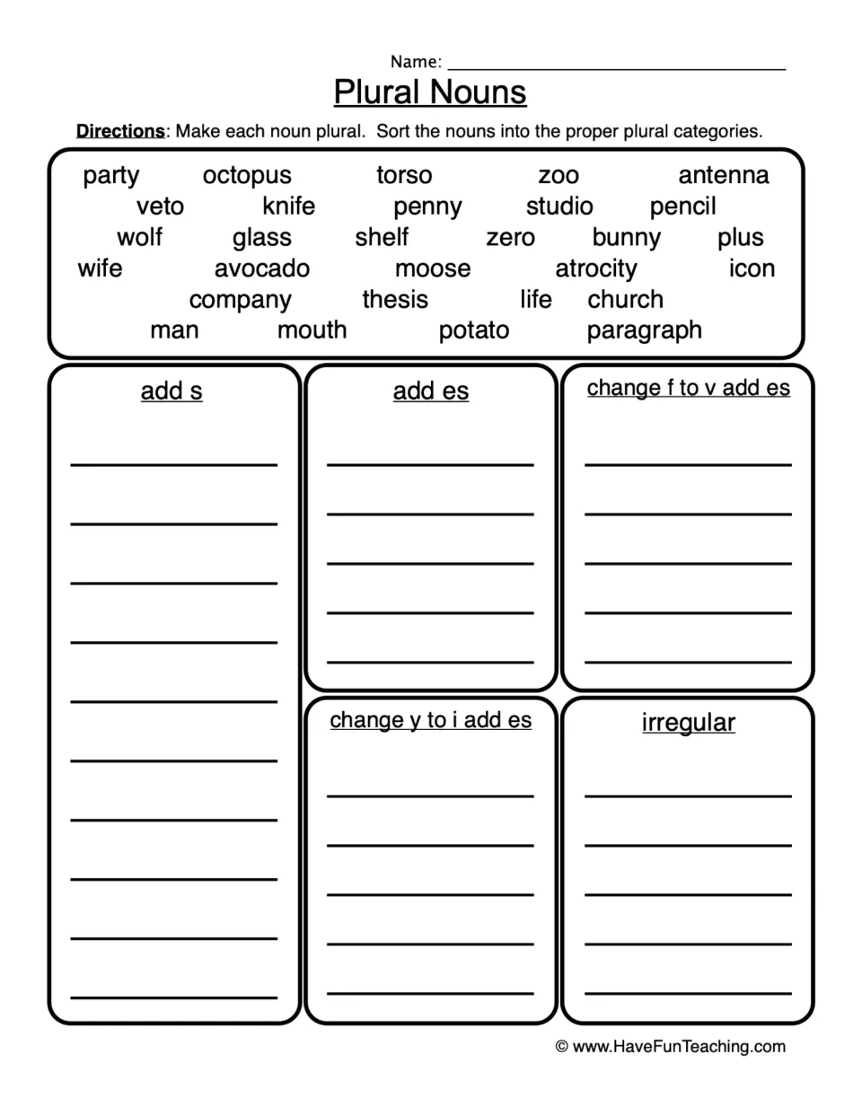 Plural noun sorting practice: make 29 nouns plural, including party, knife, moose, and thesis, then sort them