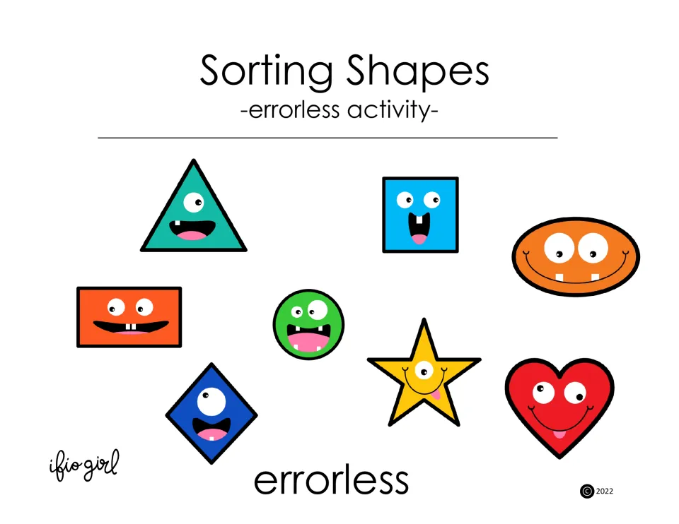 Cover of Sorting Shapes - errorless activity, showing eight colorful shapes with faces for matching practice