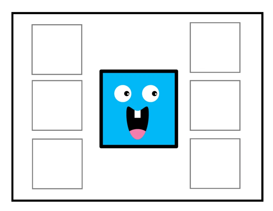 Blue square sorting mat featuring a face, used to match six identical picture cards in the errorless activity