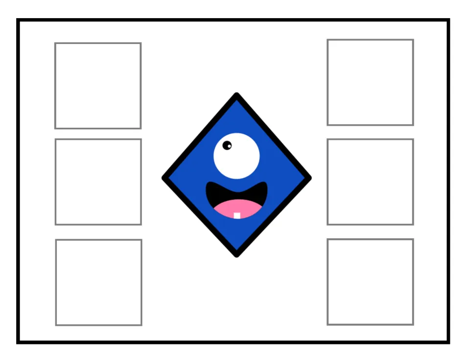 Blue diamond sorting mat featuring a face, used to match six identical picture cards in the errorless activity