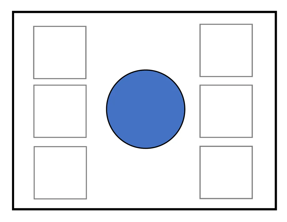 Blue circle sorting mat without a face, used to match six identical picture cards in the errorless activity