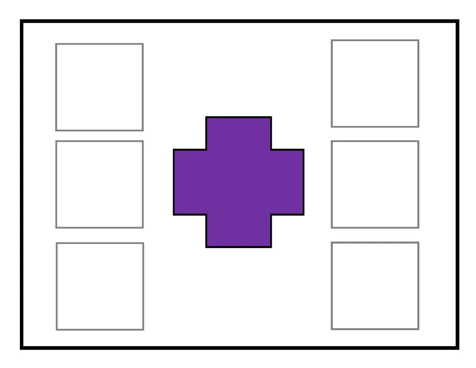 Purple cross sorting mat without a face, used to match six identical picture cards in the errorless activity