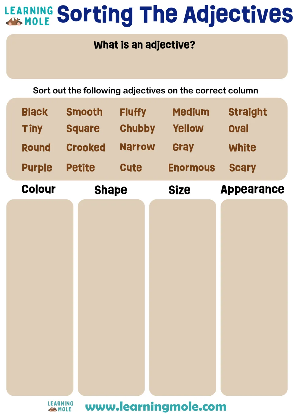 Adjective sort: students define an adjective, then sort 20 words like fluffy and oval by colour, shape, size or appearance