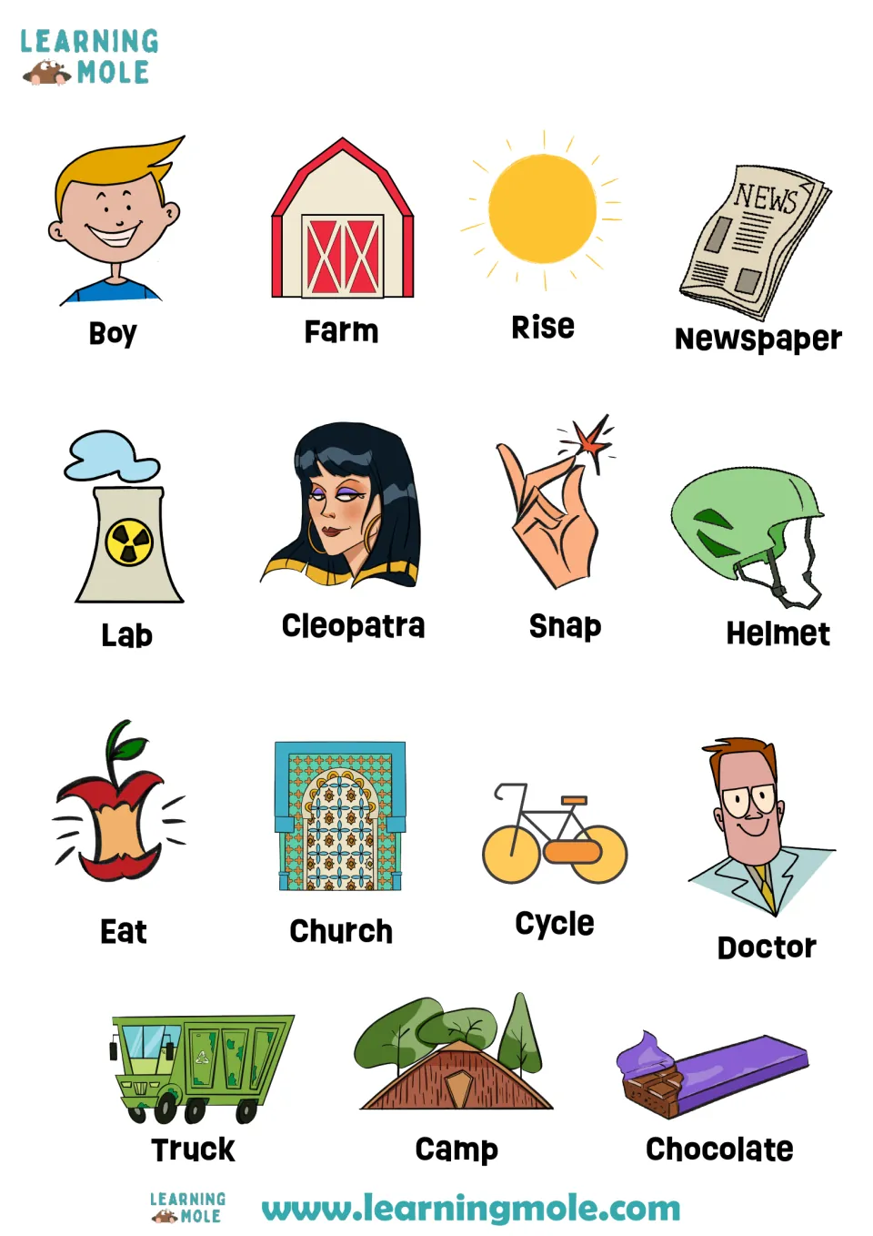 Picture word cards to cut out: 15 words such as Boy, Farm, Rise, Cleopatra, Snap, Eat, Church, Doctor and Chocolate