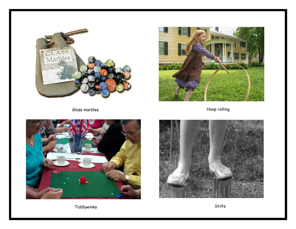 Picture cards of traditional play to sort by era: glass marbles, a girl hoop rolling, tiddlywinks and tin-can stilts