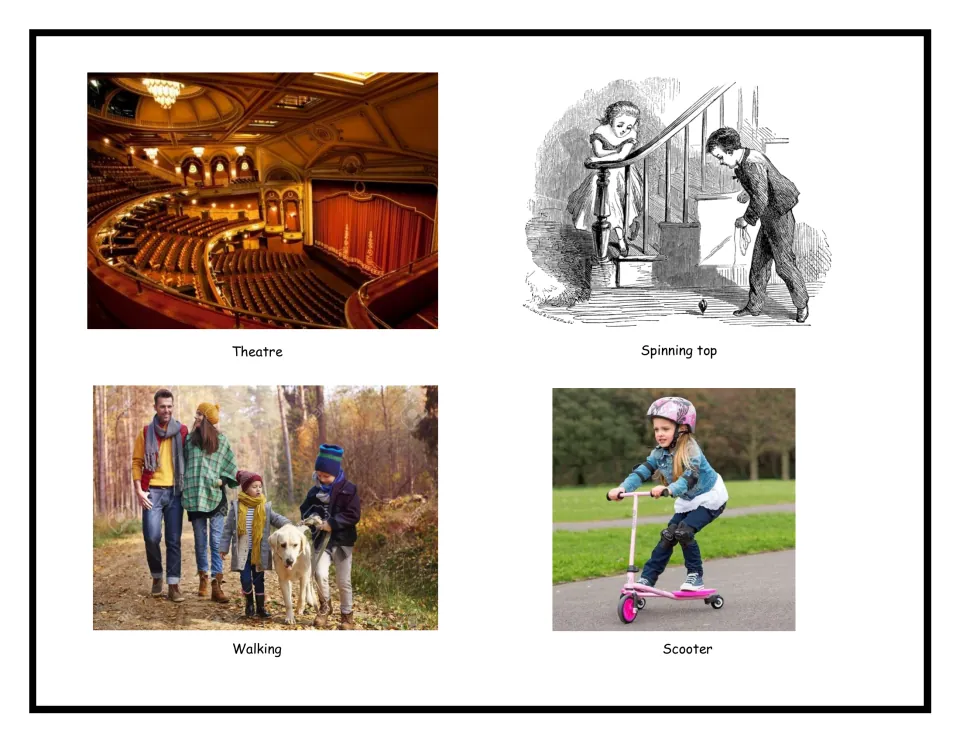 Old-or-new sort cards: an ornate theatre, an engraving of a spinning top, a family walking and a girl on a scooter