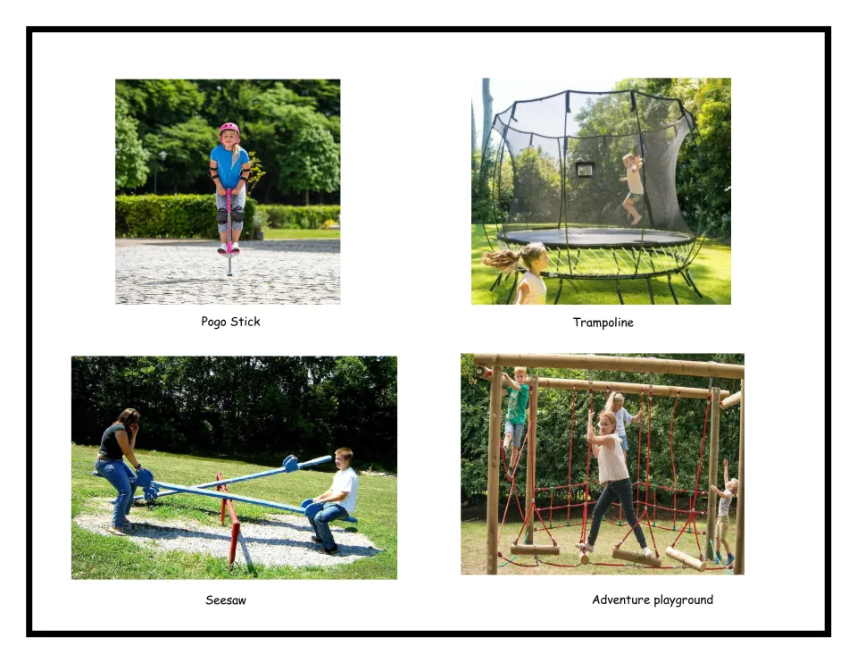 Outdoor play cards to sort by era: a girl on a pogo stick, a netted trampoline, a seesaw and a rope adventure playground