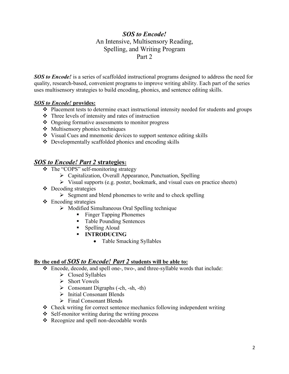 Program overview lists COPS editing, oral spelling techniques, and goals for one- to three-syllable words