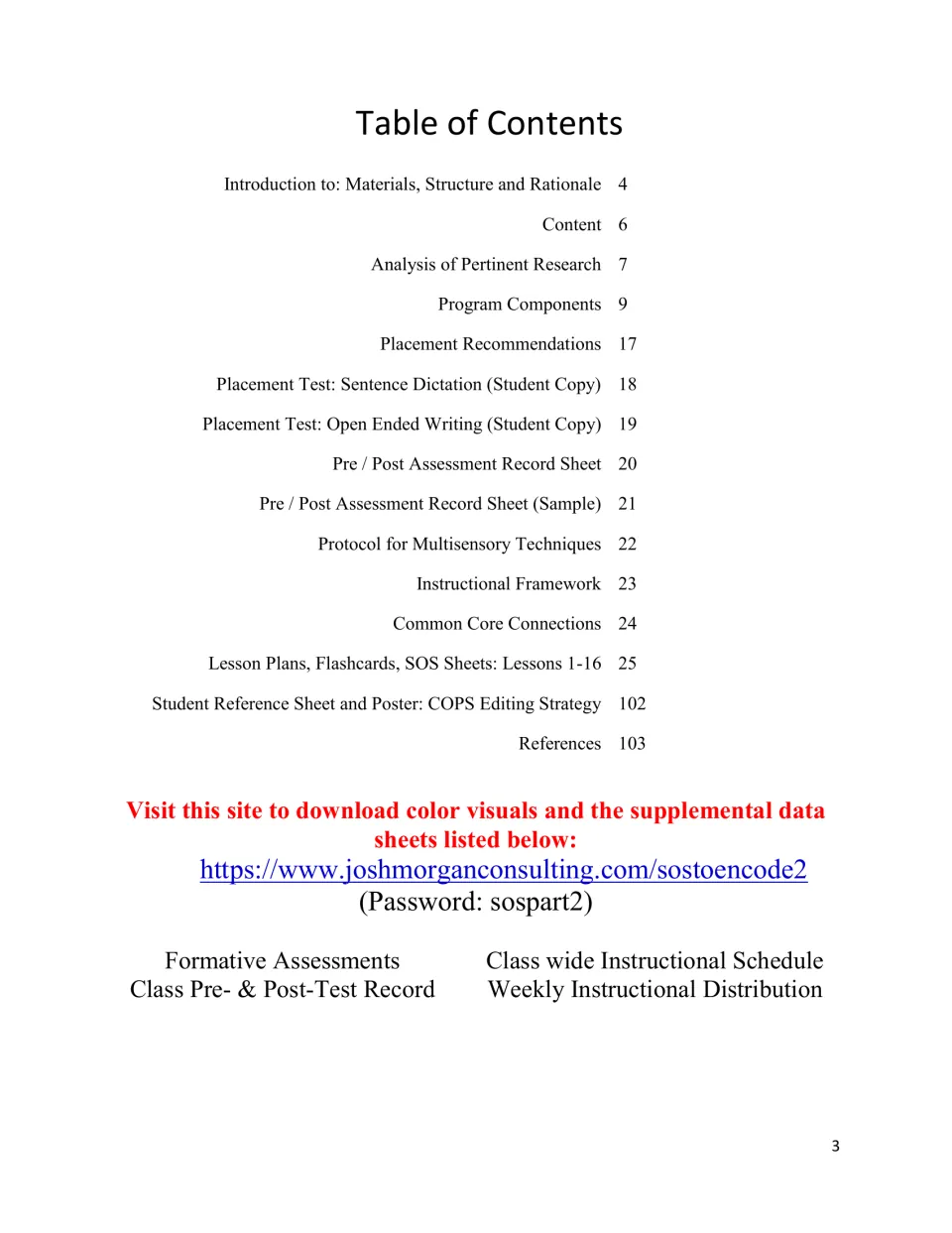 Table of contents locates placement tests, assessment records, lessons 1–16, and the COPS editing reference