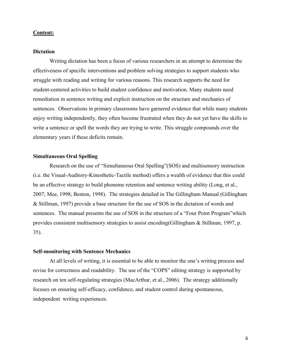 Content overview explains dictation, Simultaneous Oral Spelling, and self-monitoring sentence mechanics