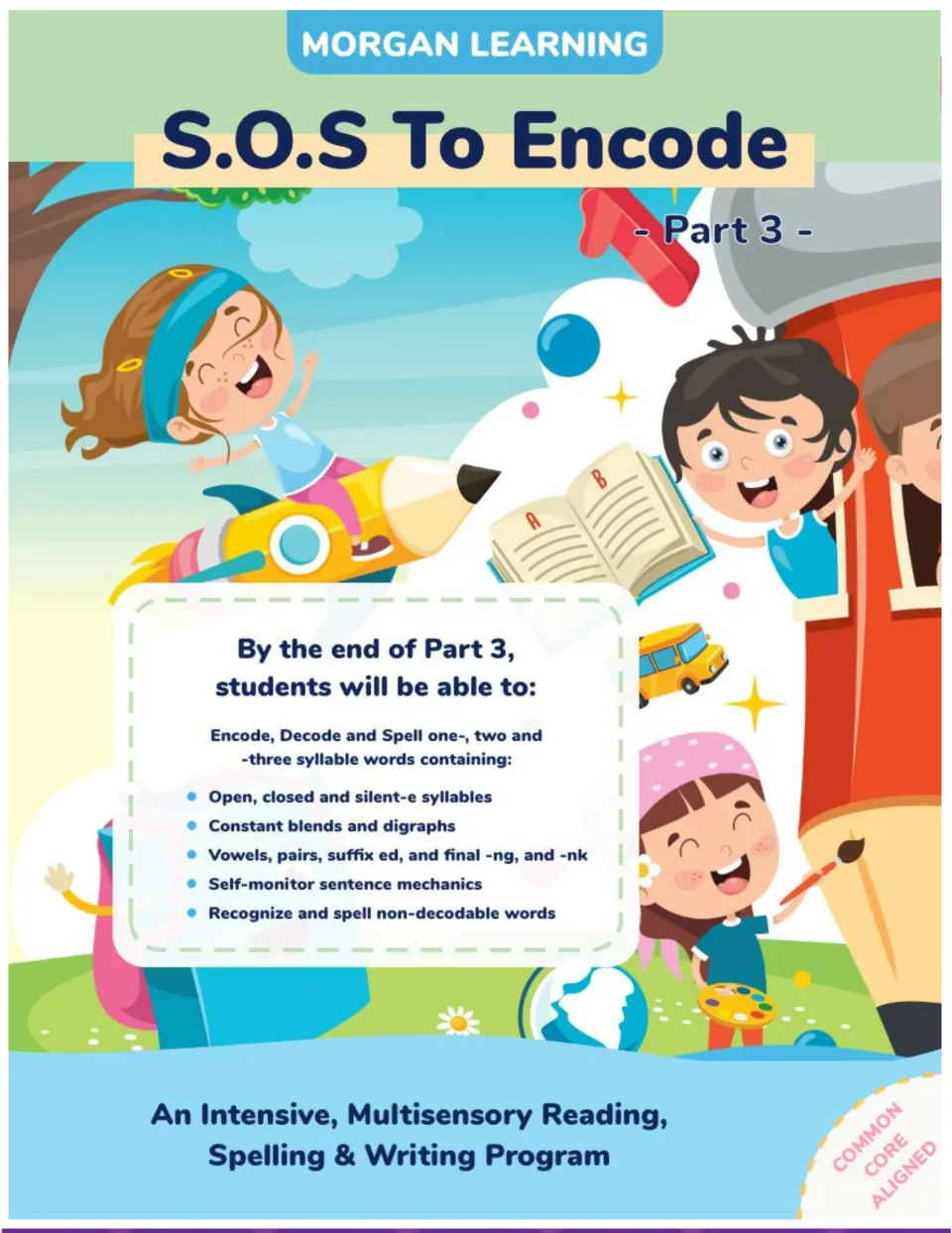Cover of SOS to Encode! Part 3, listing syllable types, spelling patterns, and sentence mechanics goals