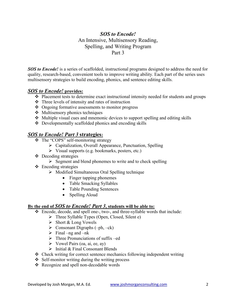 Program overview outlining COPS editing, multisensory spelling strategies, and Part 3 phonics goals