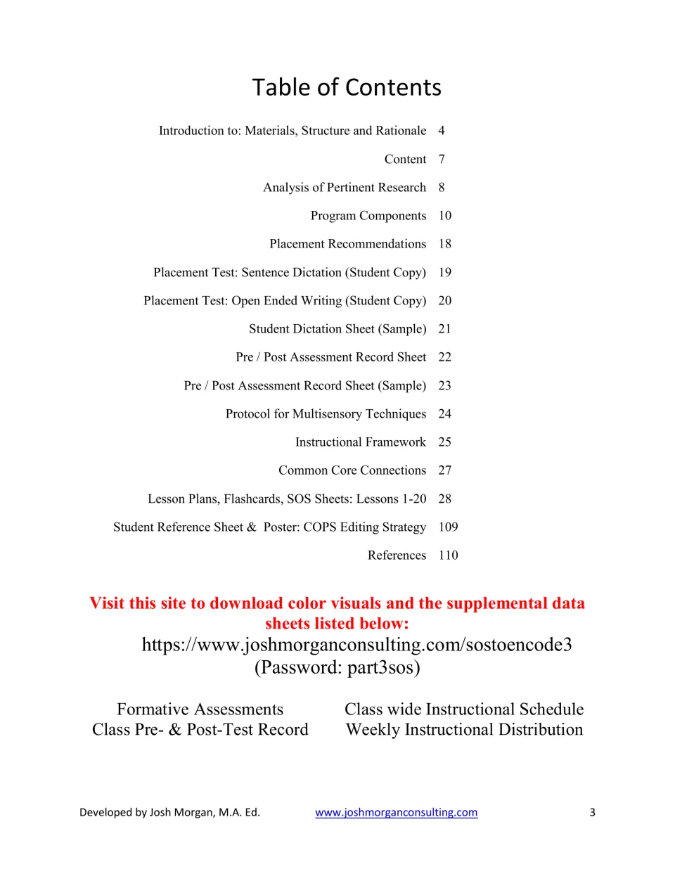 Table of contents locating placement tests, assessment records, lessons 1–20, and the COPS editing reference
