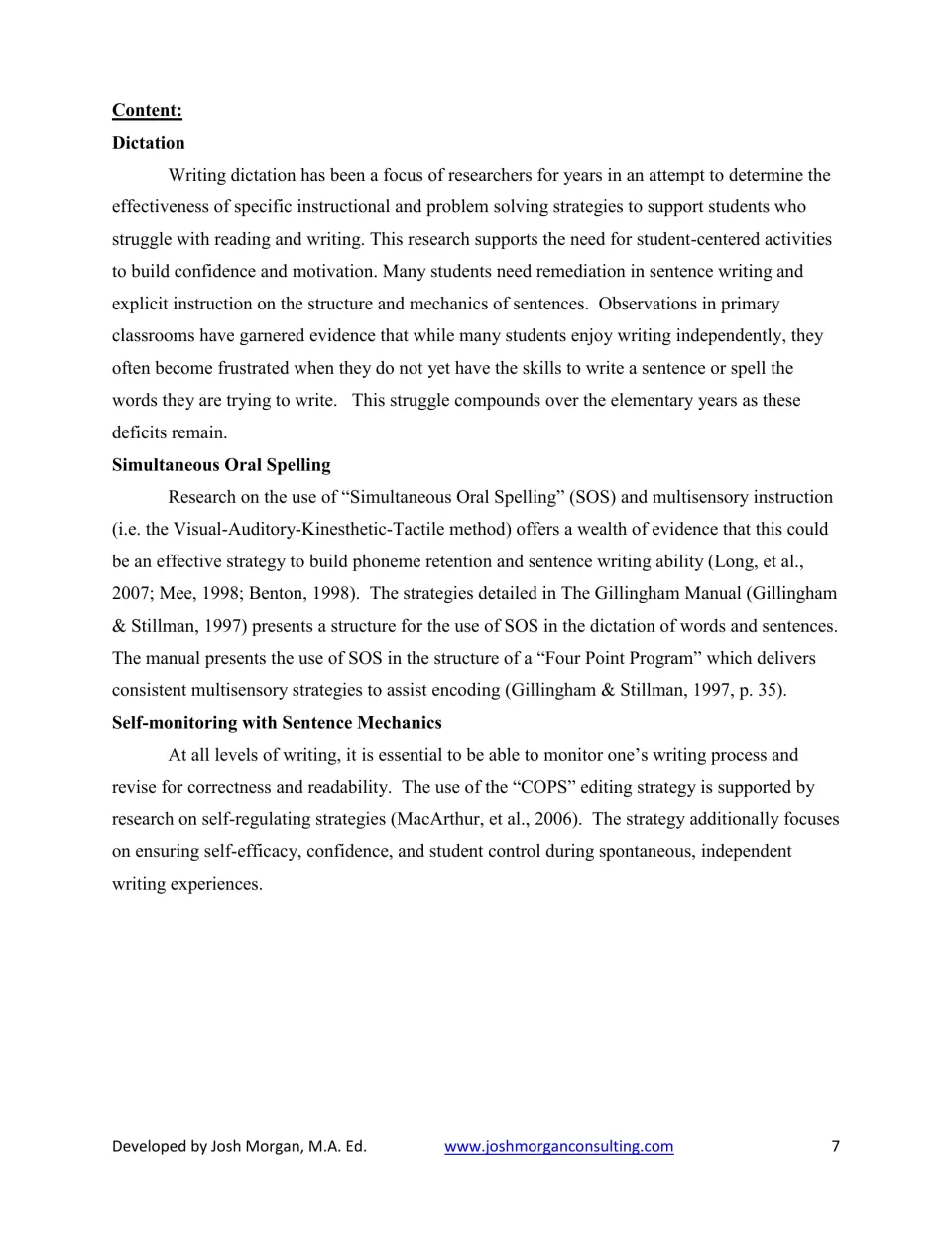 Content overview explaining dictation, Simultaneous Oral Spelling, and self-monitoring sentence mechanics