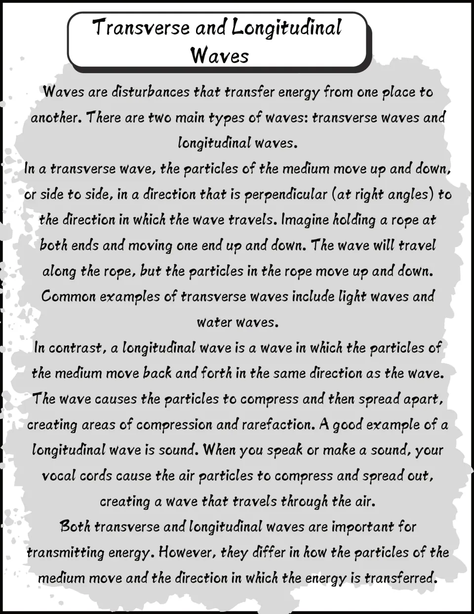 Transverse and longitudinal waves passage explaining particle motion, the rope example, compression and rarefaction