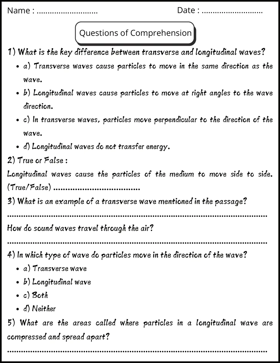Comprehension questions on transverse vs longitudinal waves: multiple choice, true or false and short answers