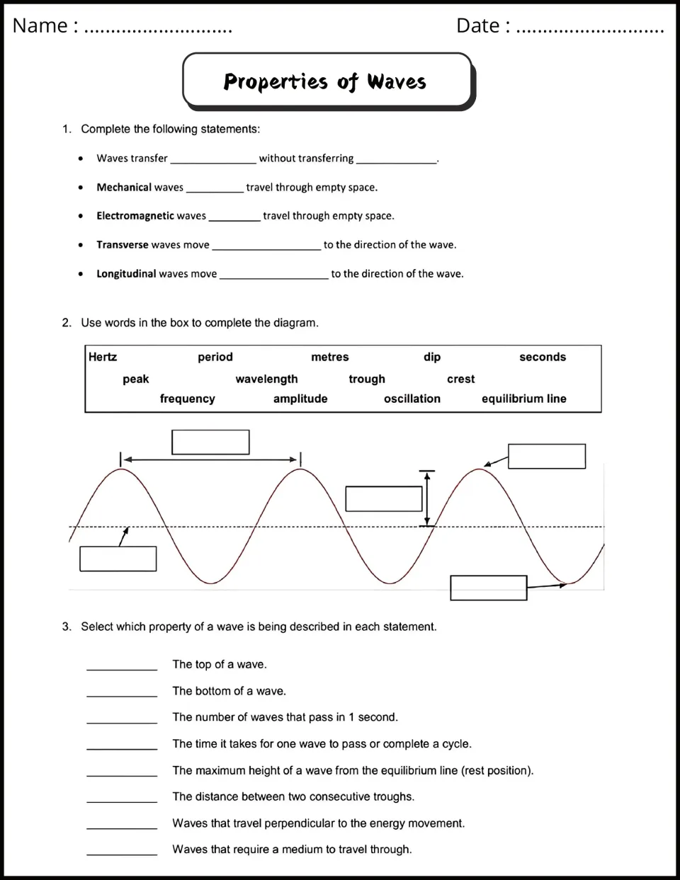Properties of waves: students complete statements, label crest, trough and wavelength and name described properties