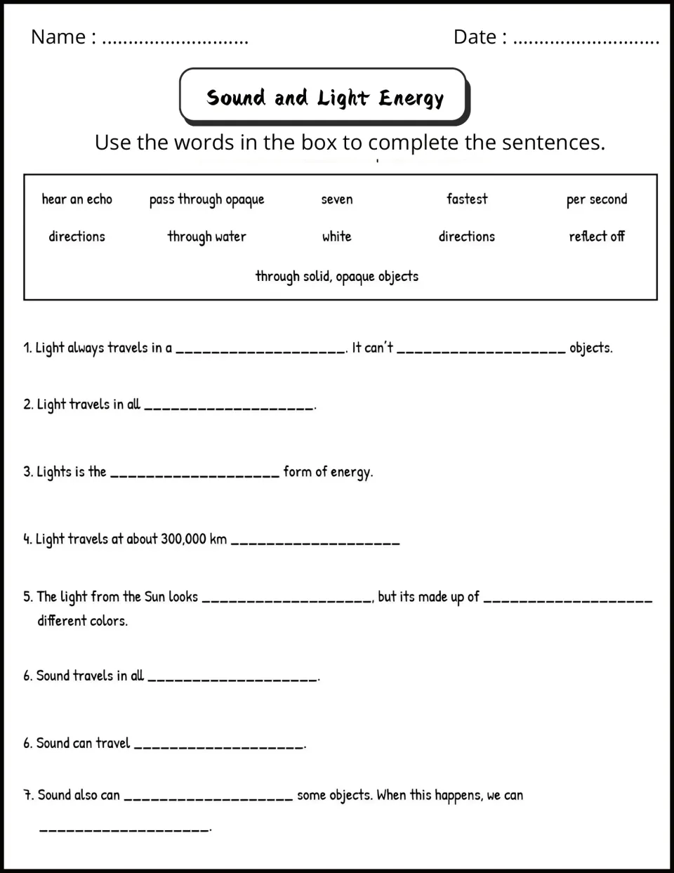 Sound and light energy cloze: students use word-bank terms like echo, opaque and seven to finish light and sound sentences