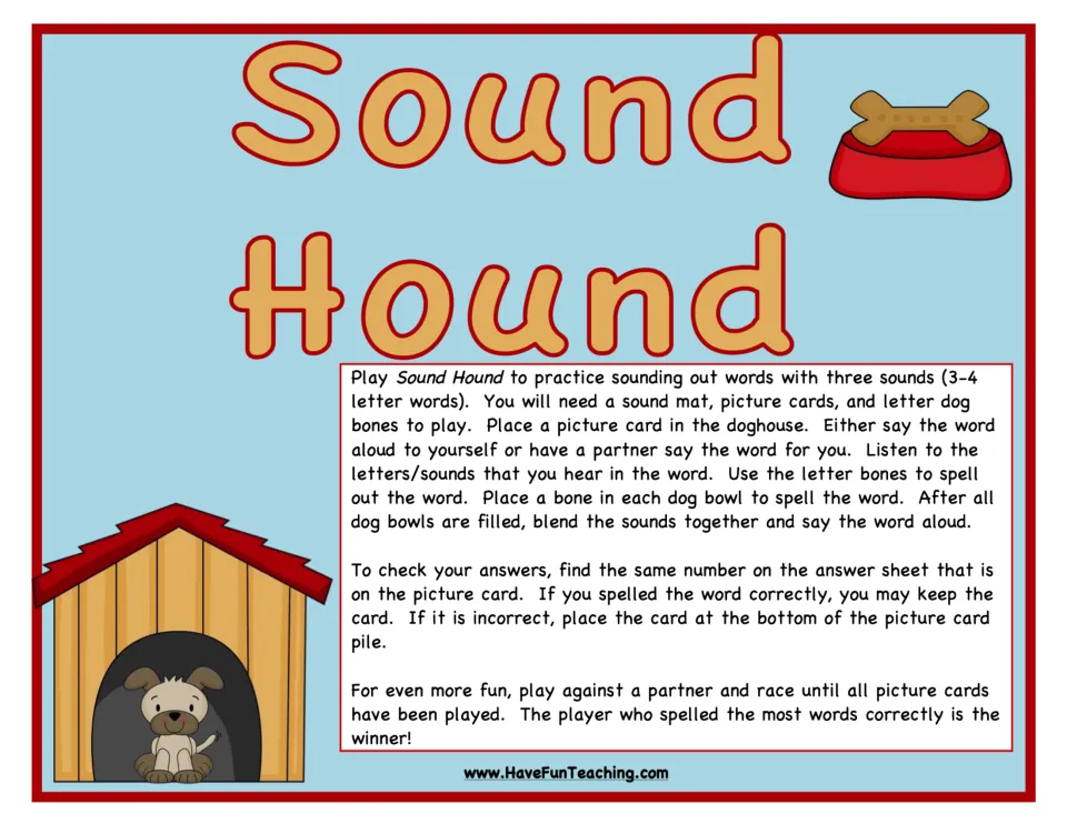 Sound Hound title page with game directions: spell 3-4 letter words with letter bones, blend the sounds and check answers