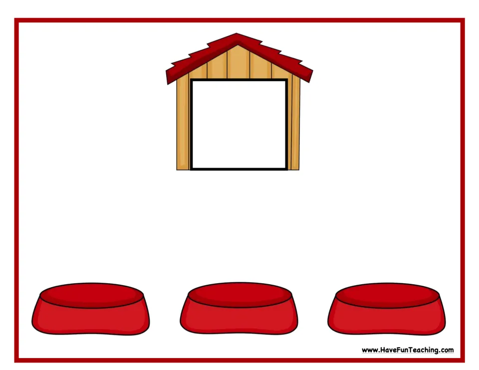 Sound mat: a picture card goes in the doghouse and students place one letter bone in each of three dog bowls to spell it