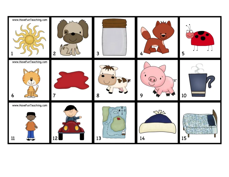 Picture cards 1-15 to sound out, including sun, dog, jar, fox, bug, cat, pig, mug, boy, car, map, hat and bed