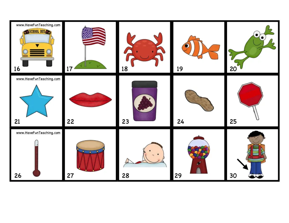 Picture cards 16-30 to spell, such as bus, flag, crab, fish, frog, star, lip, jam, nut, stop, drum and gum