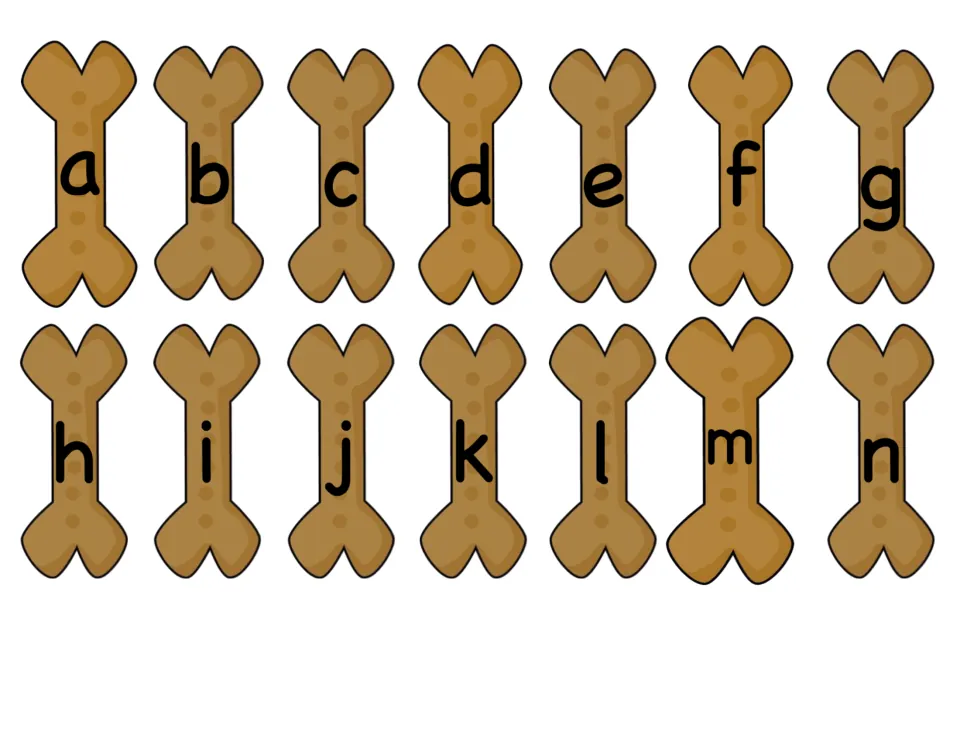 Lowercase letter dog bones a through n for students to cut out and use when spelling each pictured word sound by sound