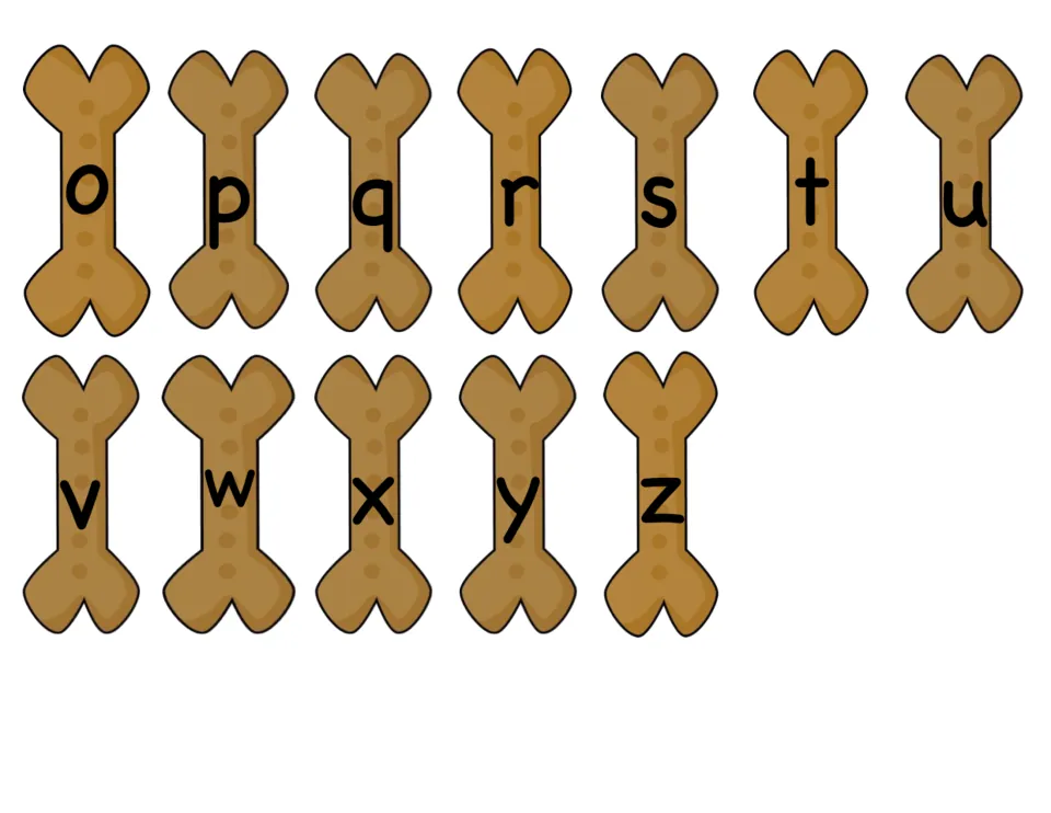 Lowercase letter dog bones o through z, completing the alphabet set students place in the bowls to build words