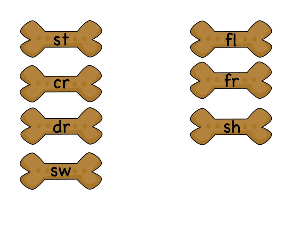 Blend and digraph dog bones st, cr, dr, sw, fl, fr and sh for spelling words like stop, crab, drum, swim, flag and fish