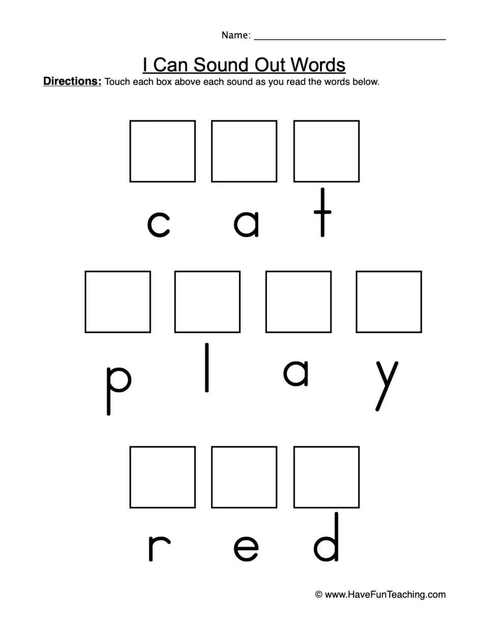 I Can Sound Out Words: students touch once for each sound while blending cat, play and red, practising phoneme segmenting