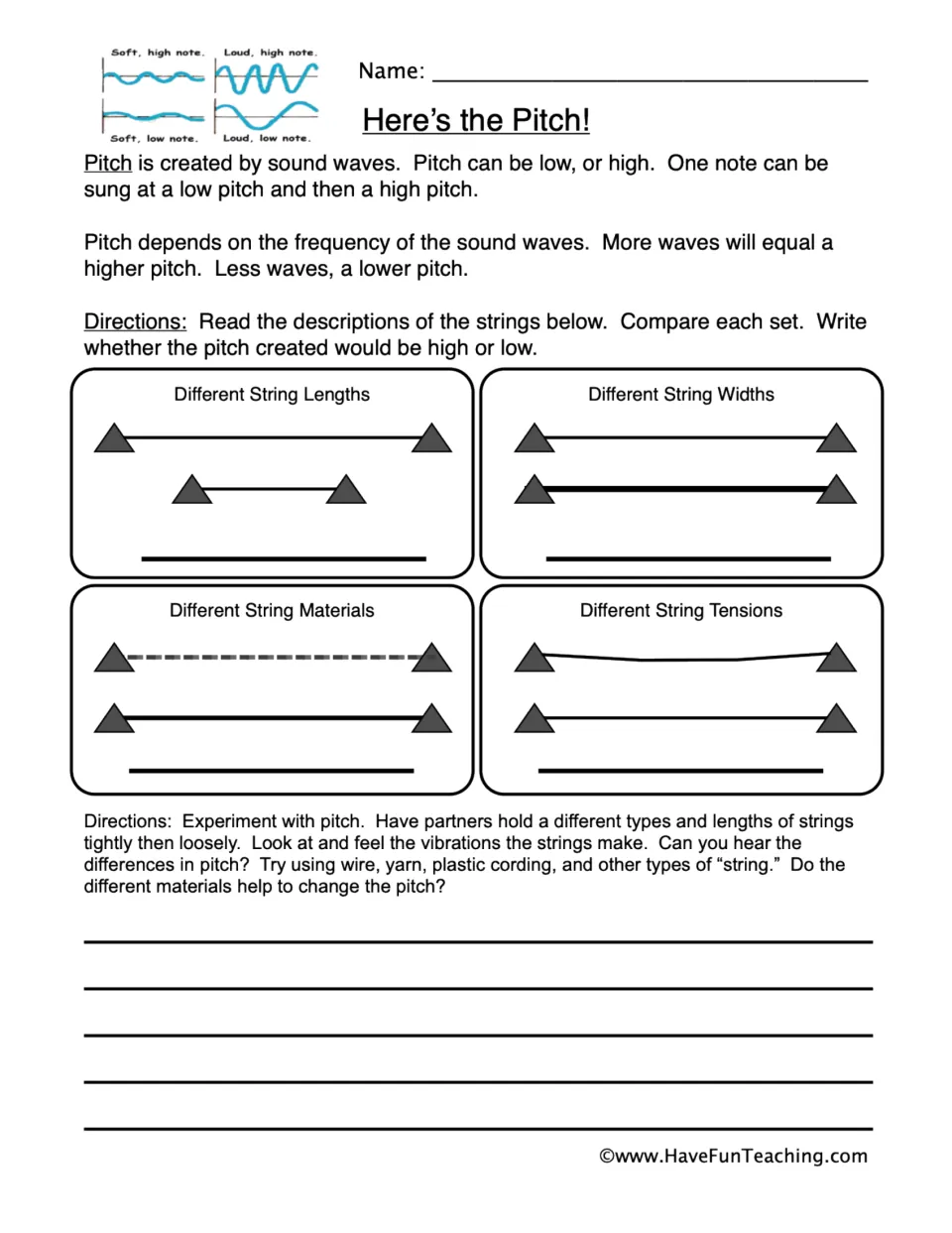 Here's the Pitch!: students compare string length, width, material and tension, write high or low pitch, then test strings