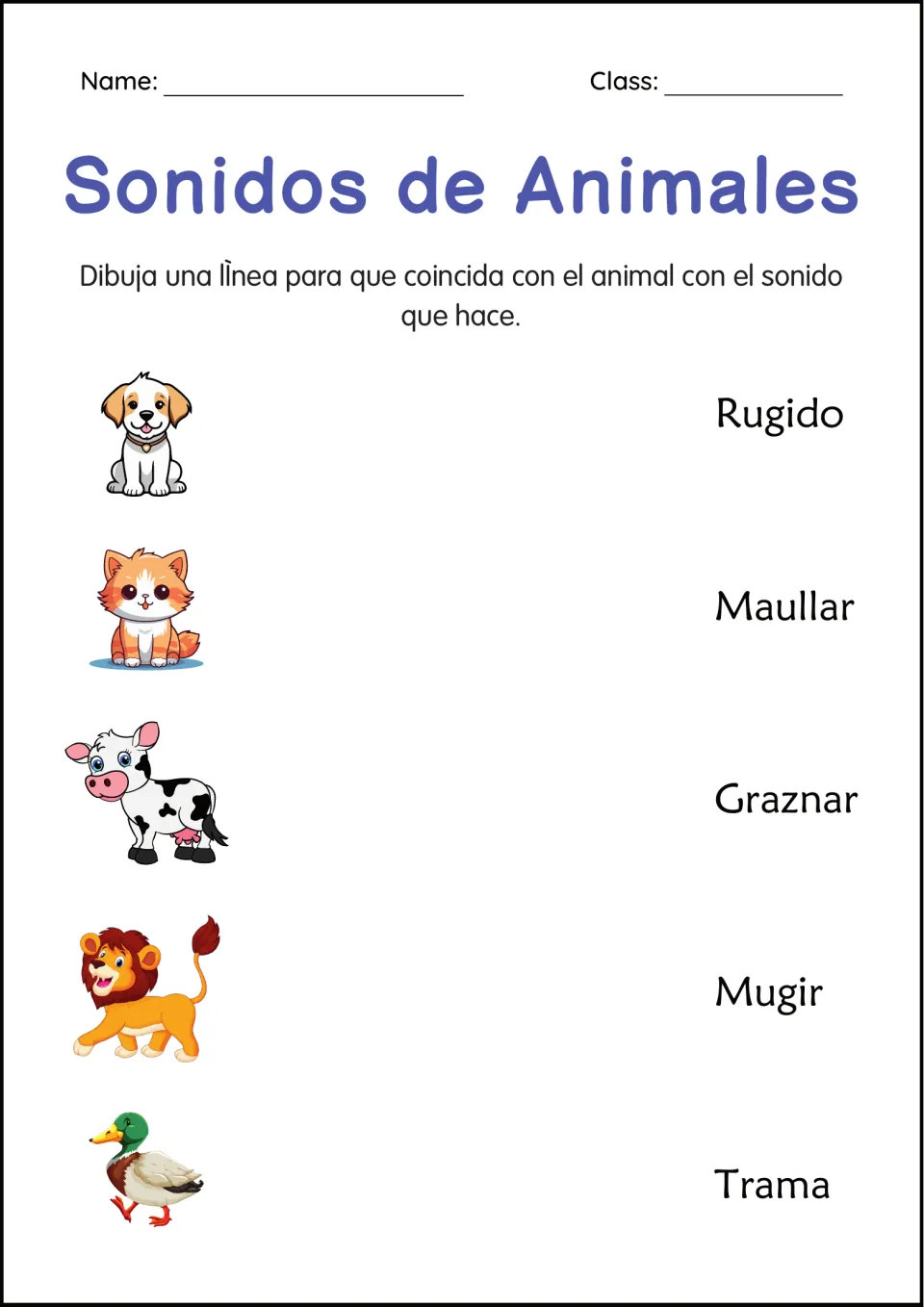 Animal-sound matching practice pairs five animal pictures with Spanish labels including Rugido (roar).