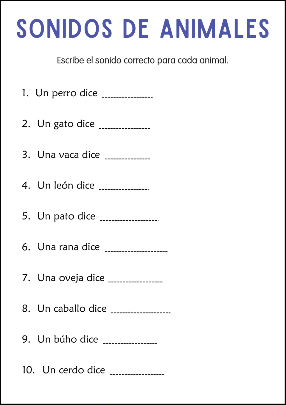 Animal-sound writing practice asks for sounds made by a dog, cat, cow, lion, duck, and five more animals.