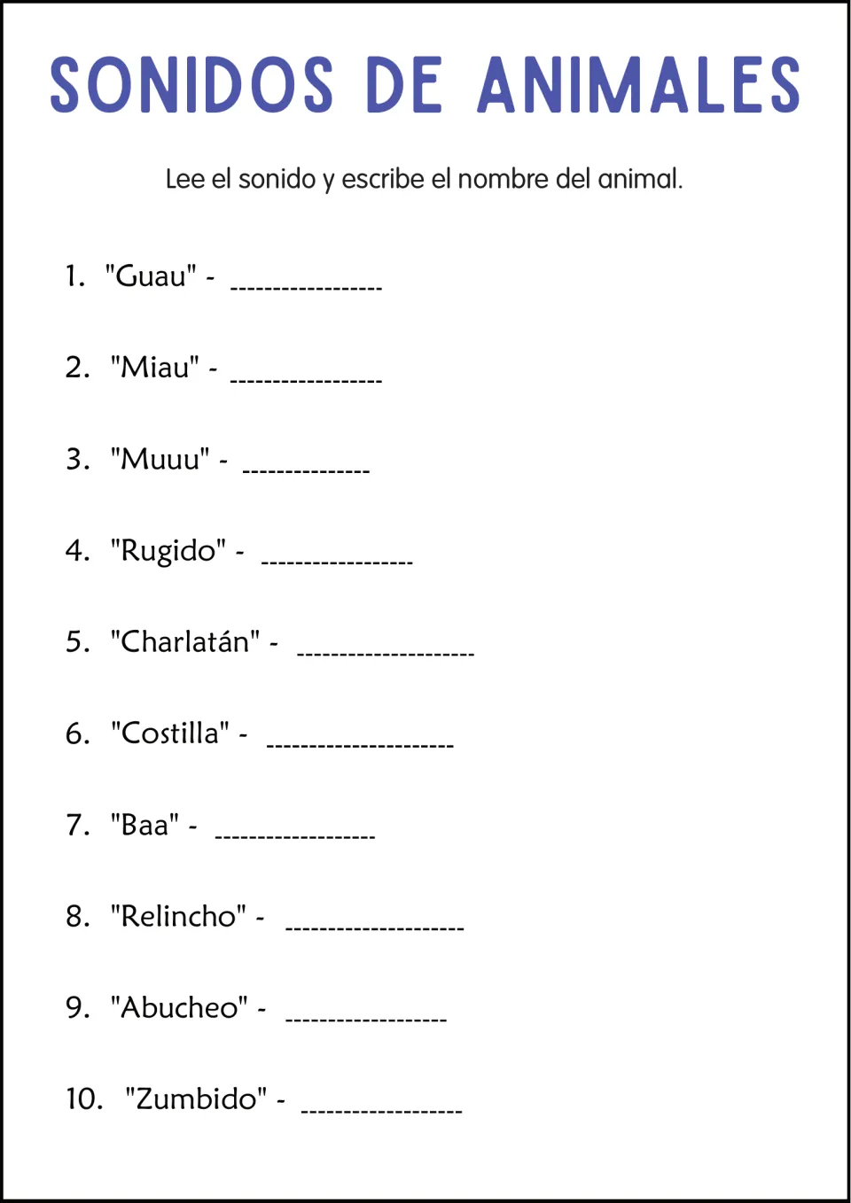 Animal identification practice has 10 prompts, including “Guau” (woof), “Miau” (meow), and “Costilla”.