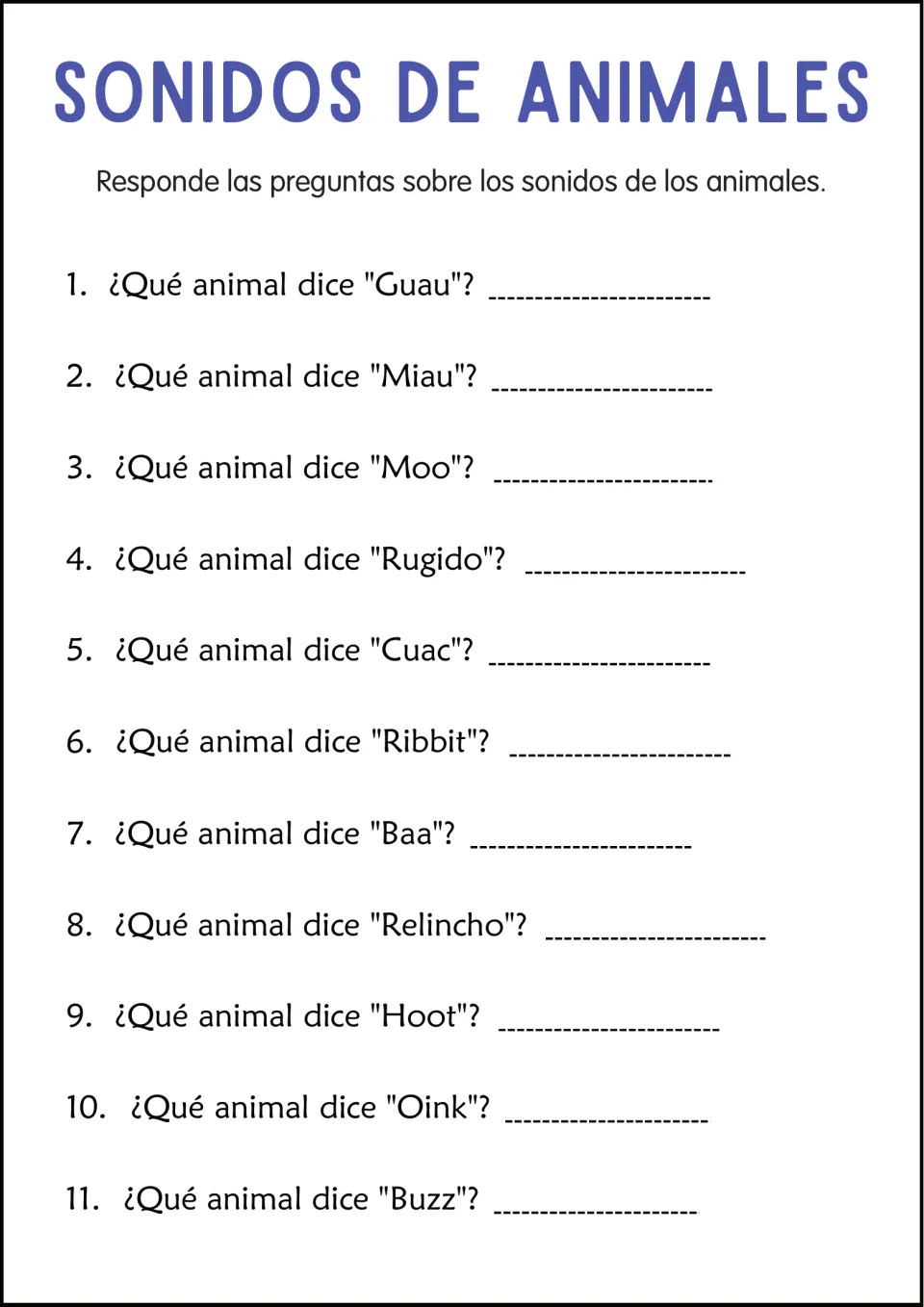 Animal identification questions ask which animals make 11 sounds, including “Cuac” (quack) and “Oink”.