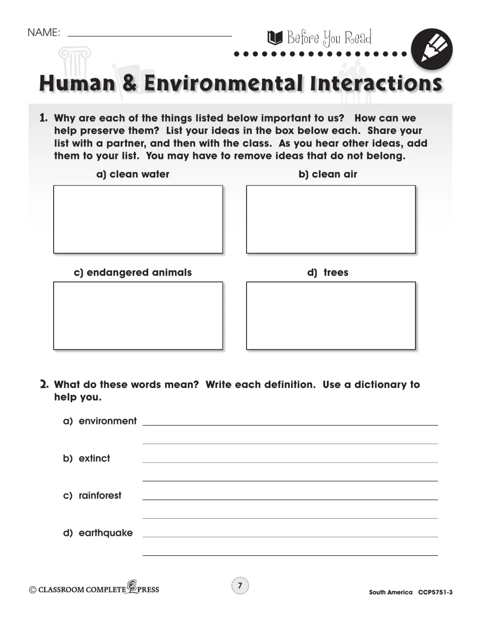 Prereading tasks ask about protecting water, air, animals, and trees, then defining four environmental terms