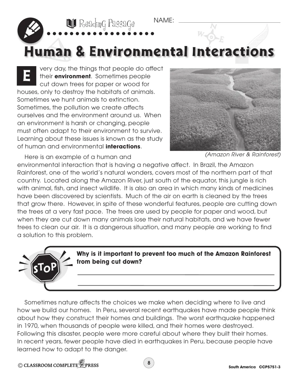 Reading passage examines Amazon deforestation and earthquake adaptation in Peru, with a rainforest protection question